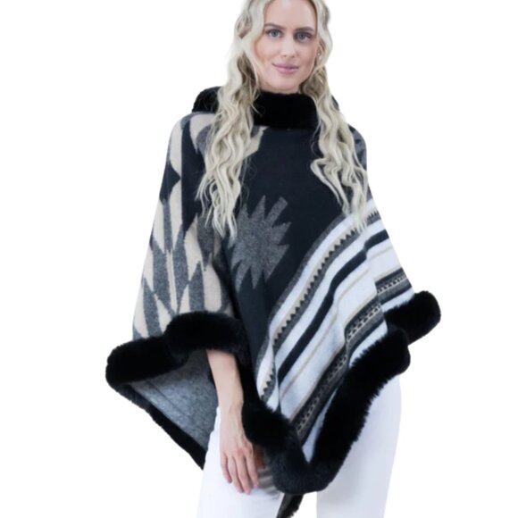 VERY MODA Aztec Print Faux Fur Trimmed Western Poncho Black White Gray OS NWT - Picture 2 of 10